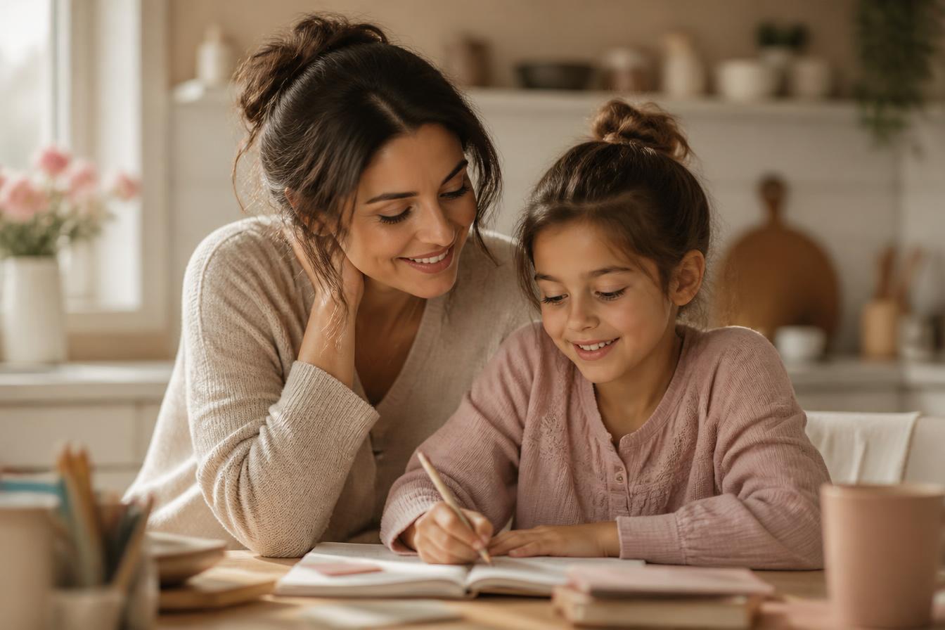Mamma e bambina serene mentre fanno i compiti insieme